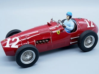 1:18 scale red vintage race car model with number 12, detailed driver figure, and Ferrari badge
