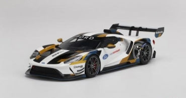 1:18 scale diecast Ford GT model car with racing livery, rear wing, and logo decals