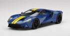 1:18 scale blue diecast model car with yellow racing stripes, sports car design