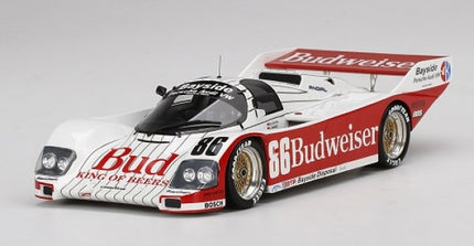 1:18 scale diecast racing car model, white and red livery with Budweiser logos, gold wheels