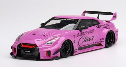 Pink Liberty Walk Nissan GT-R diecast model car with detailed decals, wide body kit and rear spoiler