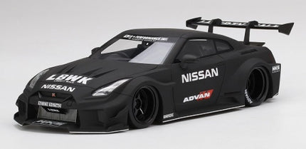 1:18 scale matte black Nissan GT-R diecast model car with racing decals and wide body kit