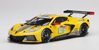Yellow diecast Corvette C8.R 1:18 scale model car with racing decals and rear spoiler