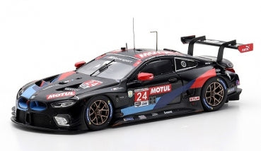 1:18 scale diecast model of black and blue BMW racing car with Motul livery and rear wing