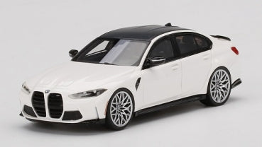 1:43 scale white BMW diecast model car with black roof on plain background