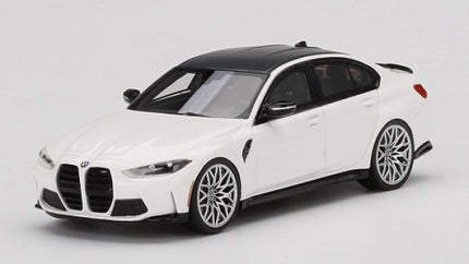 1:18 scale white BMW diecast model car with black roof and silver wheels on white background
