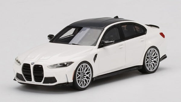 1:18 scale white BMW diecast model car with black roof and silver wheels on white background
