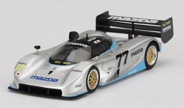 1:18 scale silver Mazda race car diecast model with detailed decals and rear spoiler