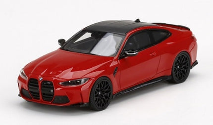 Red BMW diecast model car 1:18 scale with black roof and detailed wheels on white background