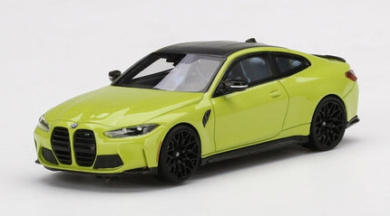 1:43 scale diecast model car, lime green BMW coupe with black roof, detailed exterior