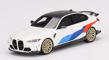 1:18 scale white BMW diecast model car with racing stripes and gold wheels