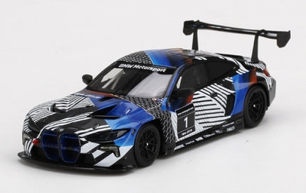 1:18 scale diecast BMW race car with black, white, and blue motorsport livery