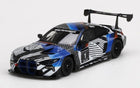 1:18 scale diecast BMW race car with black, white, and blue motorsport livery