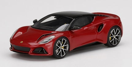 1:18 scale red and black diecast model sports car with detailed rims on white background