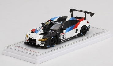 1:43 scale diecast BMW race car with #55, M livery, on display base