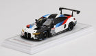 1:43 scale diecast BMW M4 GT3 racing car model with racing livery on display base