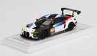 1:43 scale BMW race car diecast model with M livery on display stand
