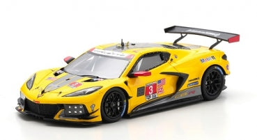 Yellow 1:18 scale Corvette C8.R diecast model car with racing decals and rear wing