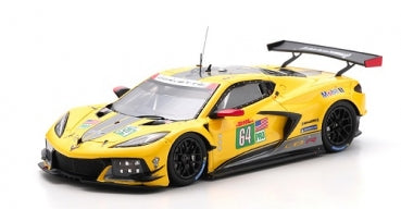 Yellow diecast Corvette C8.R race car model with black accents and racing decals