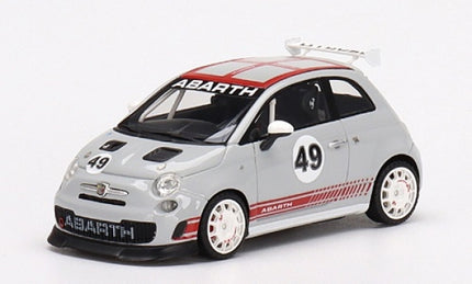 1:43 scale Fiat Abarth 500 diecast model car, grey with racing decals and rear spoiler
