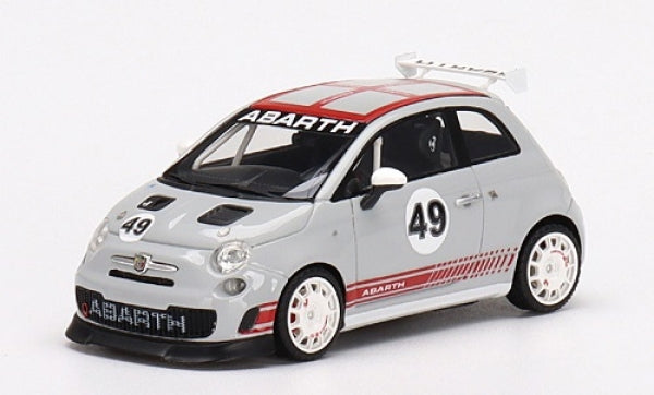 1:43 scale Fiat Abarth 500 diecast model car, grey with racing decals and rear spoiler