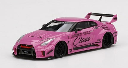 Pink diecast model sports car with black wheels, wide body kit, and Liberty Walk decals.
