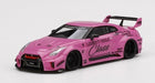 Pink diecast model sports car with black wheels, wide body kit, and Liberty Walk decals.