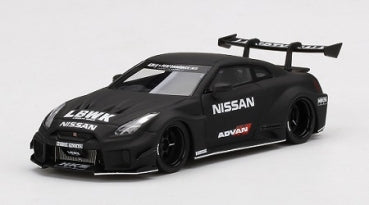 1:64 scale diecast Nissan GT-R model car, matte black with racing decals and rear wing