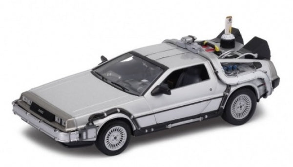 1:24 scale diecast DeLorean model car with detailed silver exterior and futuristic accents