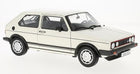 White classic hatchback diecast model car with black trim, 1:18 scale collectible.