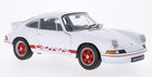 White diecast Porsche model car with red Carrera decals and red wheels, 1:18 scale collectible