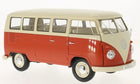 Red and cream diecast model van with detailed windows and wheels in 1:18 scale.