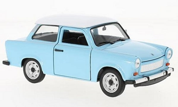 Light blue diecast model car with white roof in 1:18 scale, classic compact design