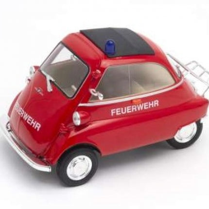 Red diecast model car labeled Feuerwehr with blue siren, 1:18 scale, classic microcar