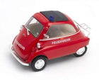 Red diecast model car labeled Feuerwehr with blue siren, 1:18 scale, classic microcar