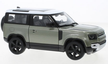 1:18 scale green diecast model SUV with black rims and white roof, detailed interior