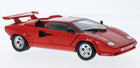 Red diecast model car, 1:18 scale, classic sports car with rear spoiler, white background