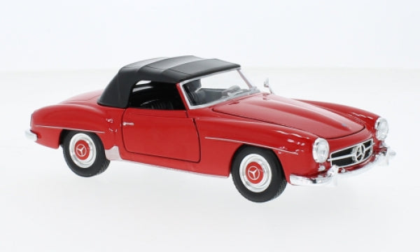 Red diecast model car convertible with black roof, classic 1:18 scale collectible