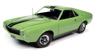 1:18 scale 1969 AMC AMX diecast model car in big bad green with black racing stripes, side view