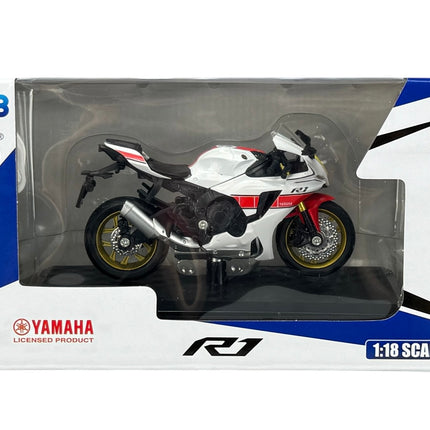 1:18 scale diecast Yamaha R1 model motorcycle in white and red, displayed in box packaging