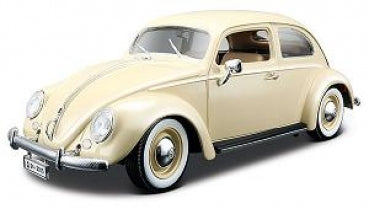 Beige classic Volkswagen Beetle diecast model car with chrome details and whitewall tires