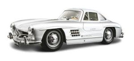 Silver diecast Mercedes-Benz 300SL model car in 1:18 scale on white background