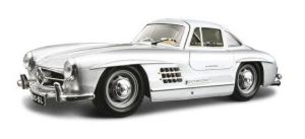 Silver diecast Mercedes-Benz 300SL model car in 1:18 scale on white background