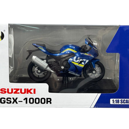 1:18 scale Suzuki GSX-1000R blue diecast model motorcycle in display box