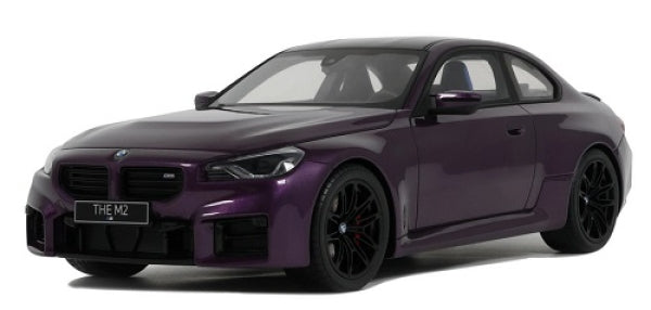 1:18 scale BMW M2 G87 model car in metallic twilight purple, front angle view