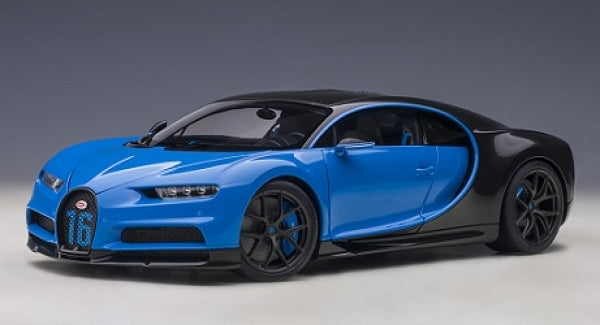 1:18 scale Bugatti Chiron Sport diecast model car in French Racing Blue, front angle view