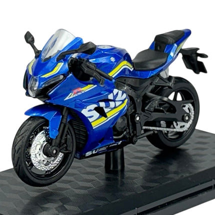1:18 scale blue sport motorcycle diecast model with yellow graphics on display stand