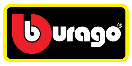 Bburago logo with red and white lettering on black background, yellow border.