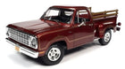 1:18 scale diecast 1979 Dodge D100 Stepside Warlock II model truck, maroon with wood bed detail