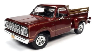 1:18 scale 1979 Dodge D100 Stepside Warlock II diecast model truck, maroon with wood bed rails